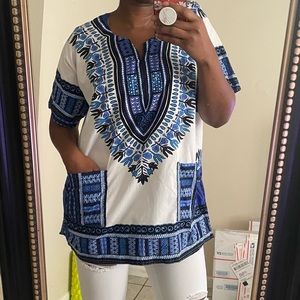 White and Blue Unisex Dashiki with pockets